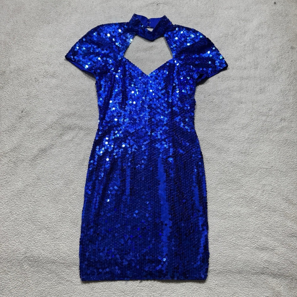 Niteline Della Roufogali Dress Womens 6 Blue Sequin Choker Cut Out Shift Lined